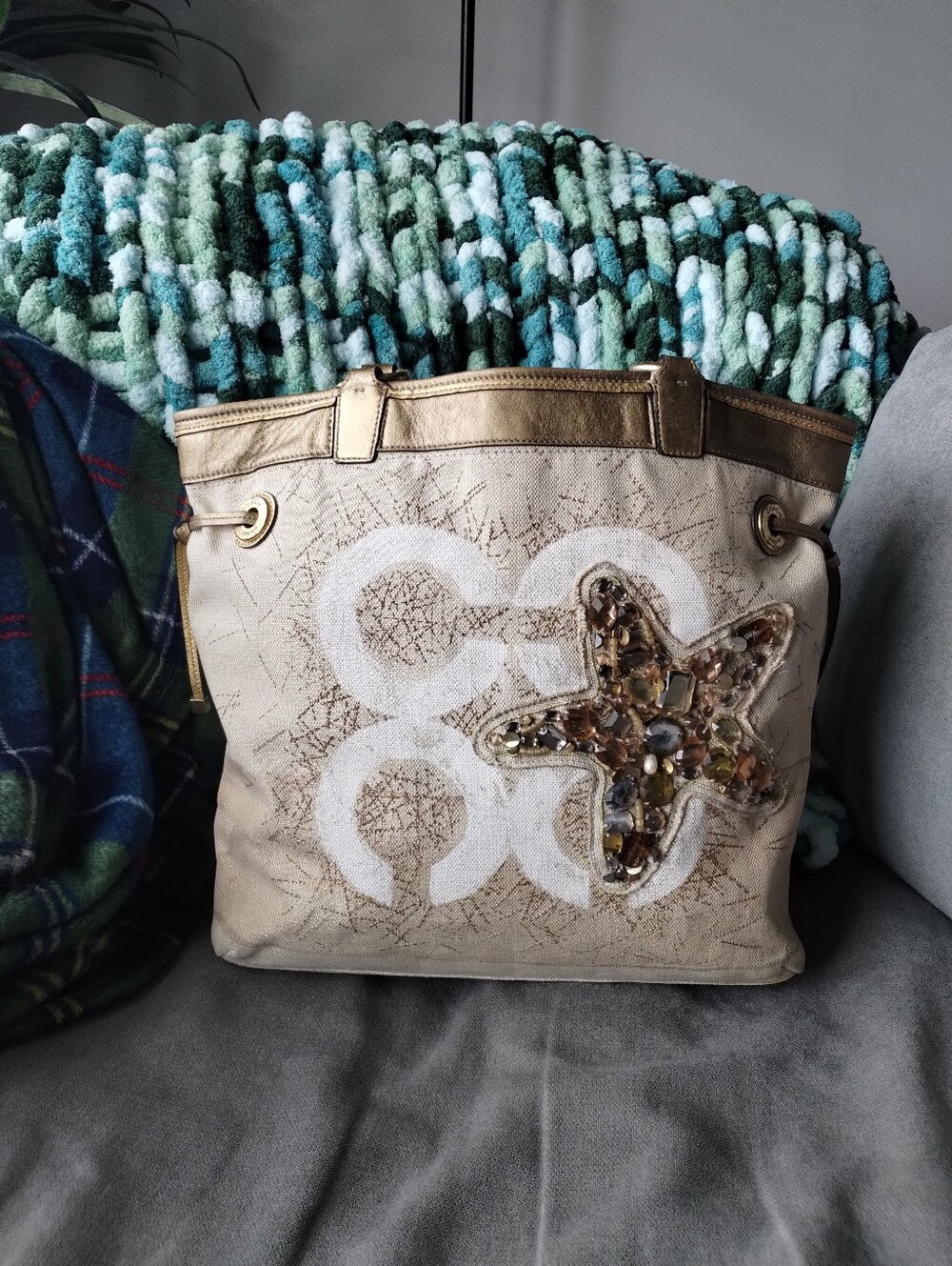 Coach Limited Edition Audrey Canvas Leigh Embellished Gold Starfish Tote Vintage